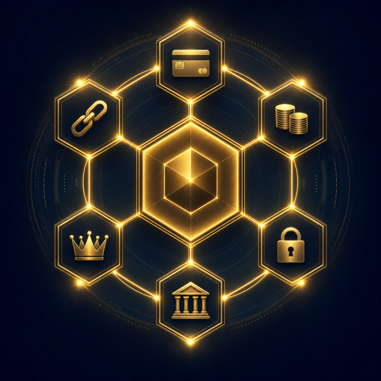 Deutsch Capital ecosystem — DCC at center connecting DC Pay, DC Card, Staking, Real Estate, Members, Bridge